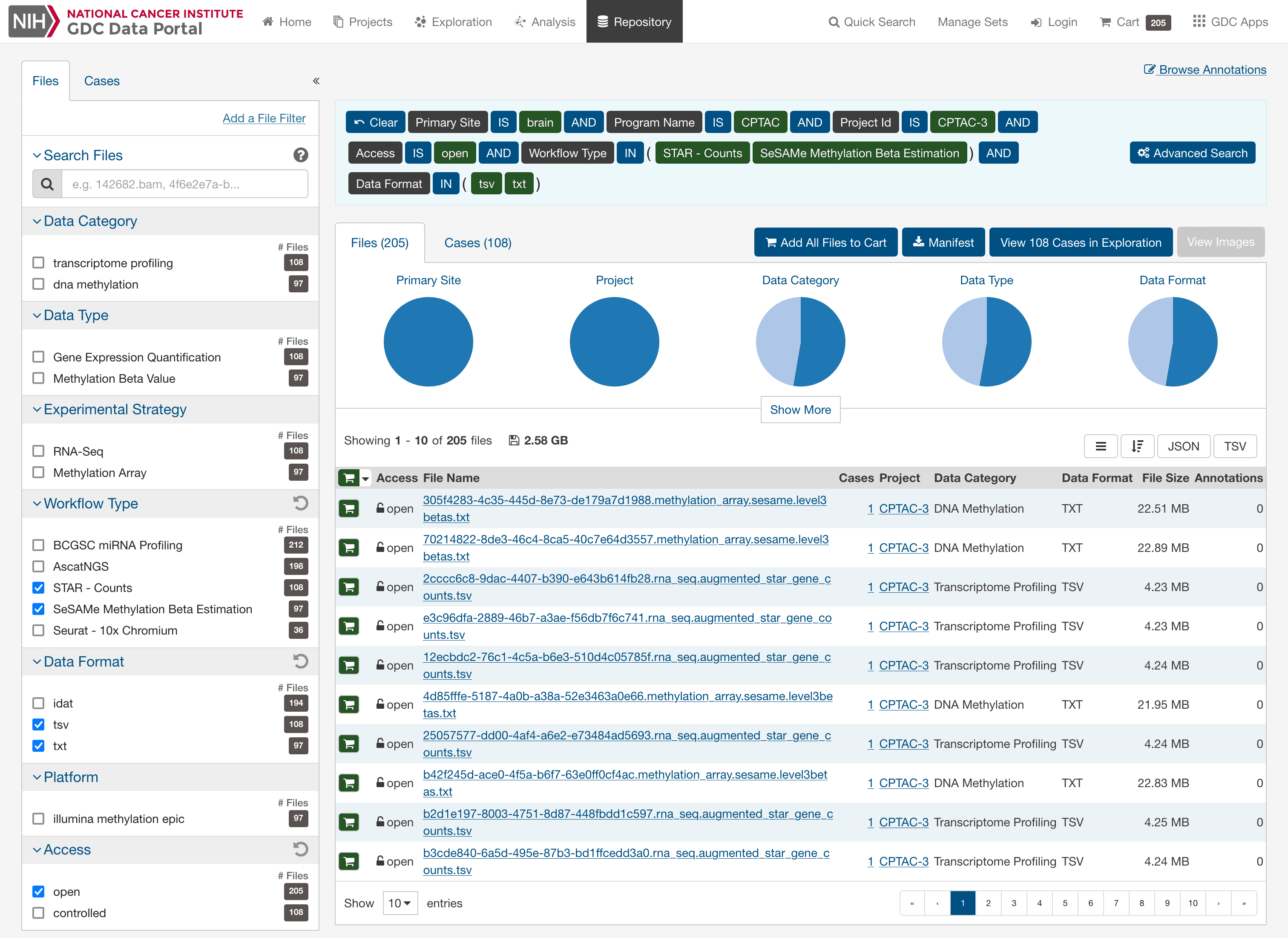 Screenshot of the NCI GDC repository search interface, selecting the datasets of interest using filters in cases (patients) and files