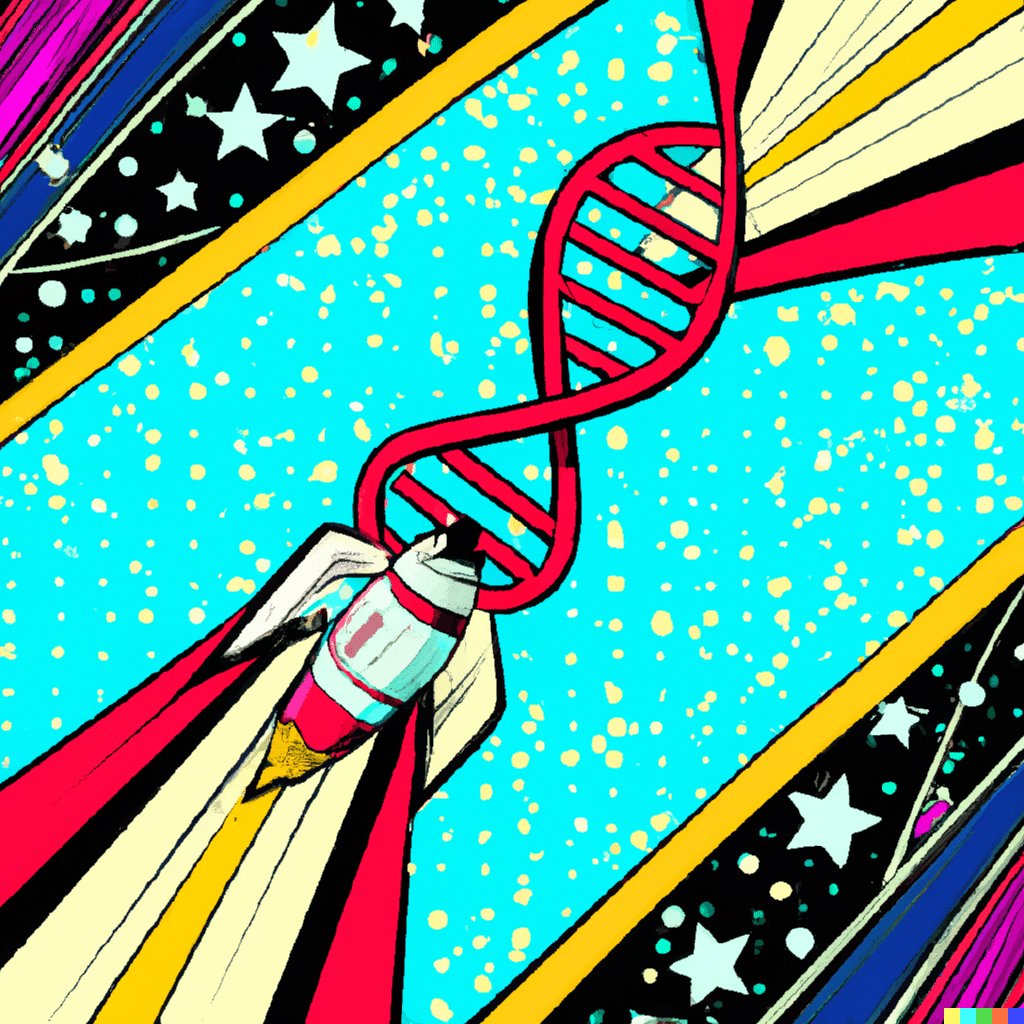 Illustration of a rocket in the shape of a DNA helix traveling in space. DALL·E generated art.