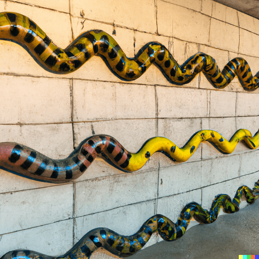DALL·E generated art using the prompt 'gray concrete wall and floor, multiple colorful anacondas in pipe-like shape in parallel and interconnected, wide shot, 24mm, 4k, photo realistic, golden hour'